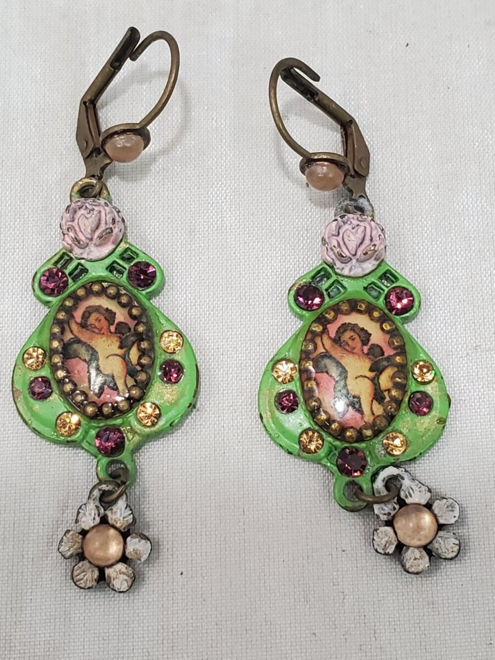 Michal Negrin Romantic Cherub & Floral Dangle Earrings – Neo-Victorian jewelry - Picture 2 of 4